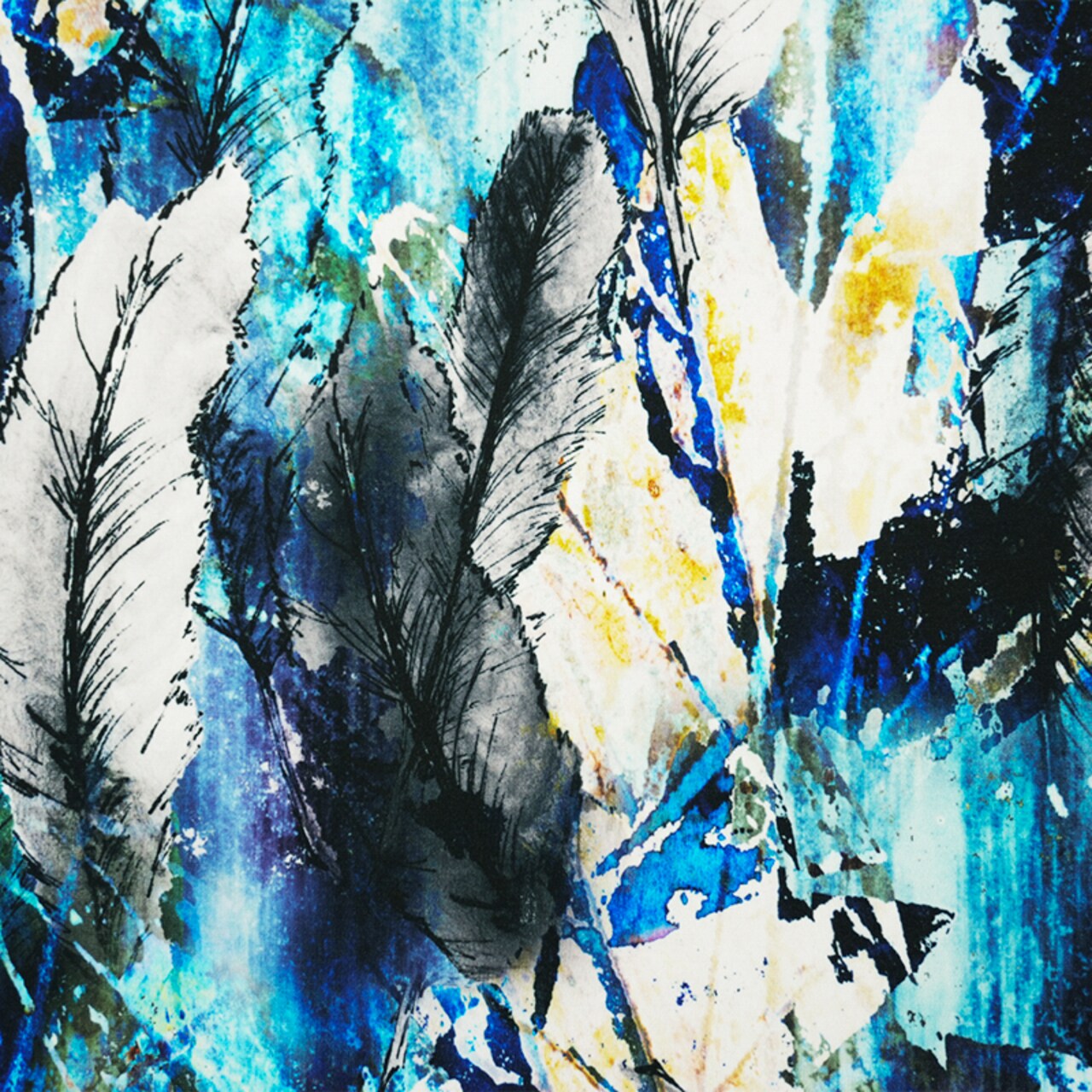 Blue-Multi Poly Stretch Feather Printed ITY Jersey Knit Fabric By the Yard